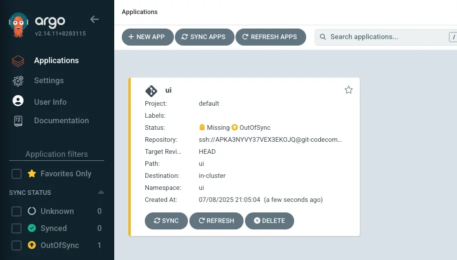 Application in the Argo CD UI